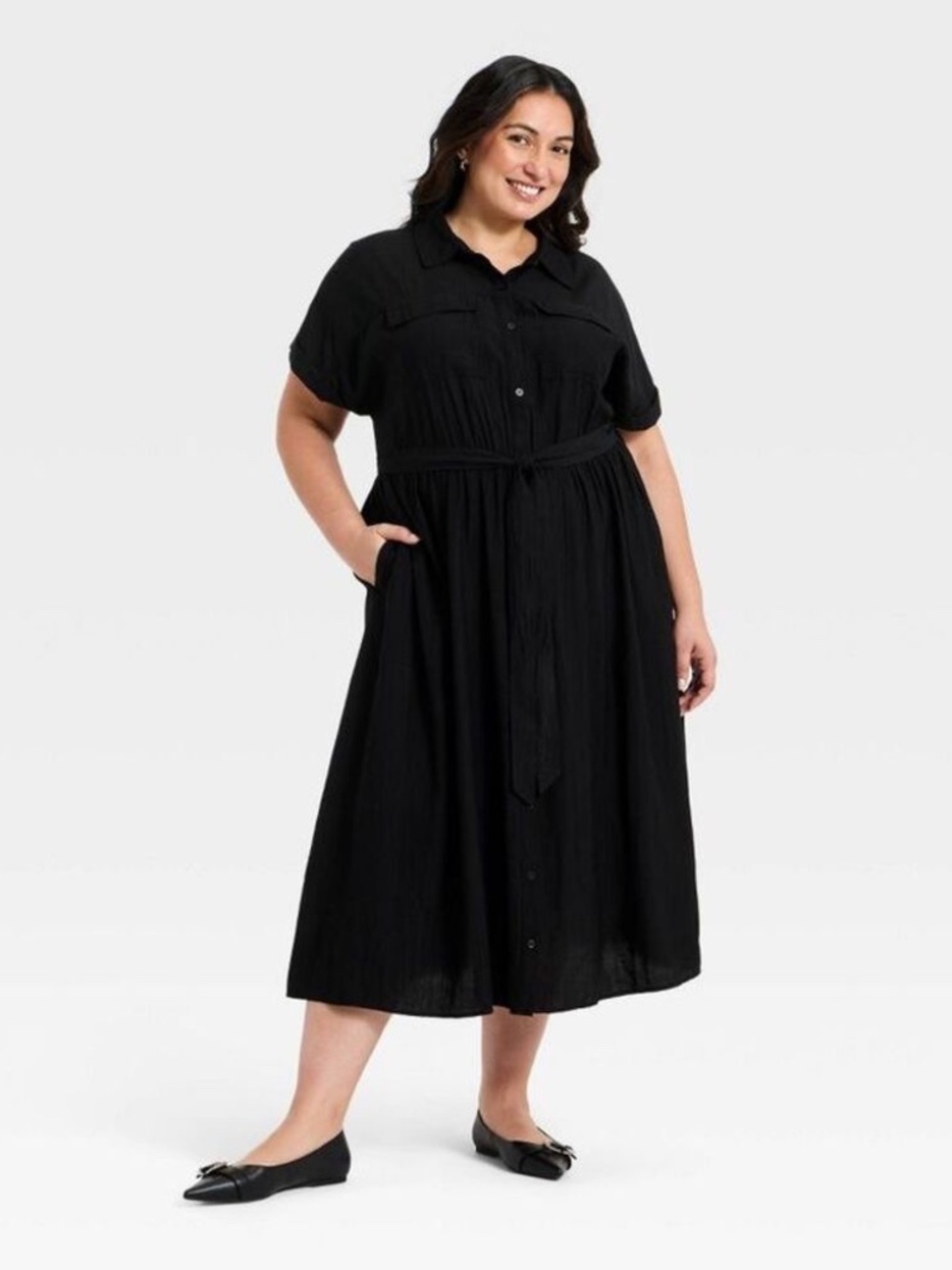 Women's Plus Short Sleeve Tie-Front Midi Shirtdress - Ava & Viv Black XXL